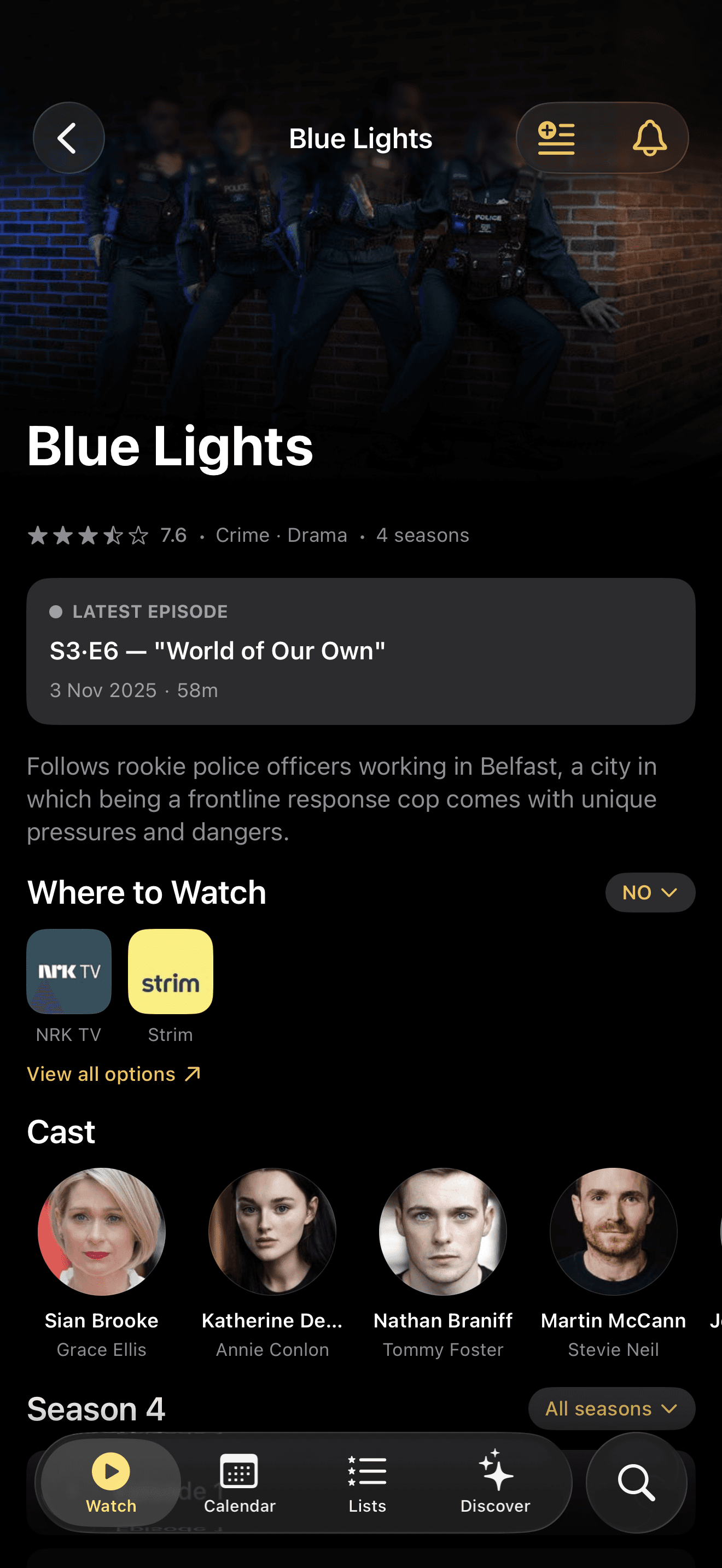 A ReelTV show detail screen showing rating, latest episode, providers and cast