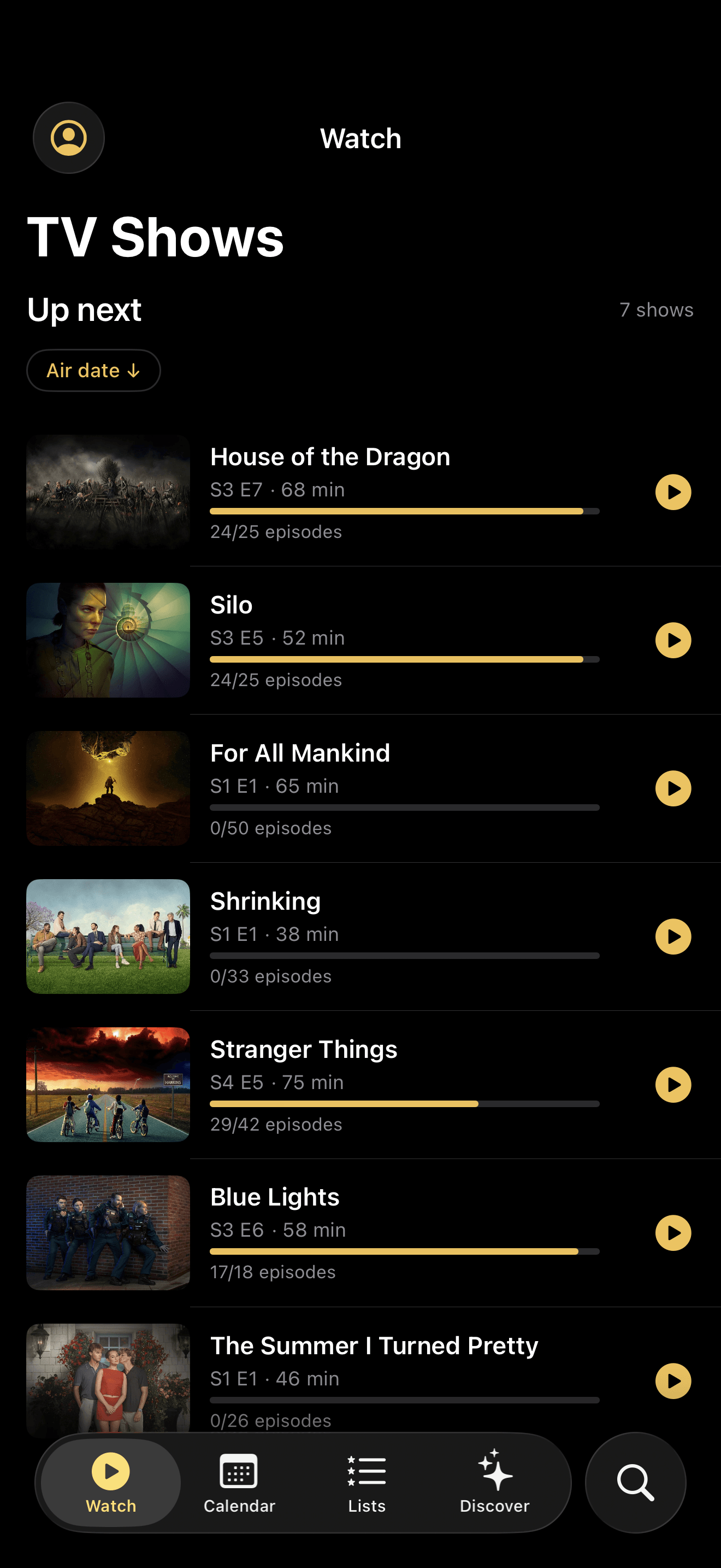 ReelTV's Watch tab listing shows in progress with episode progress bars